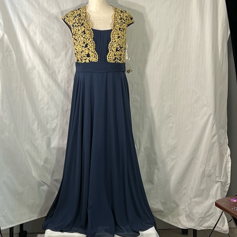 JJs House Blue and Gold Lace Maxi Dress